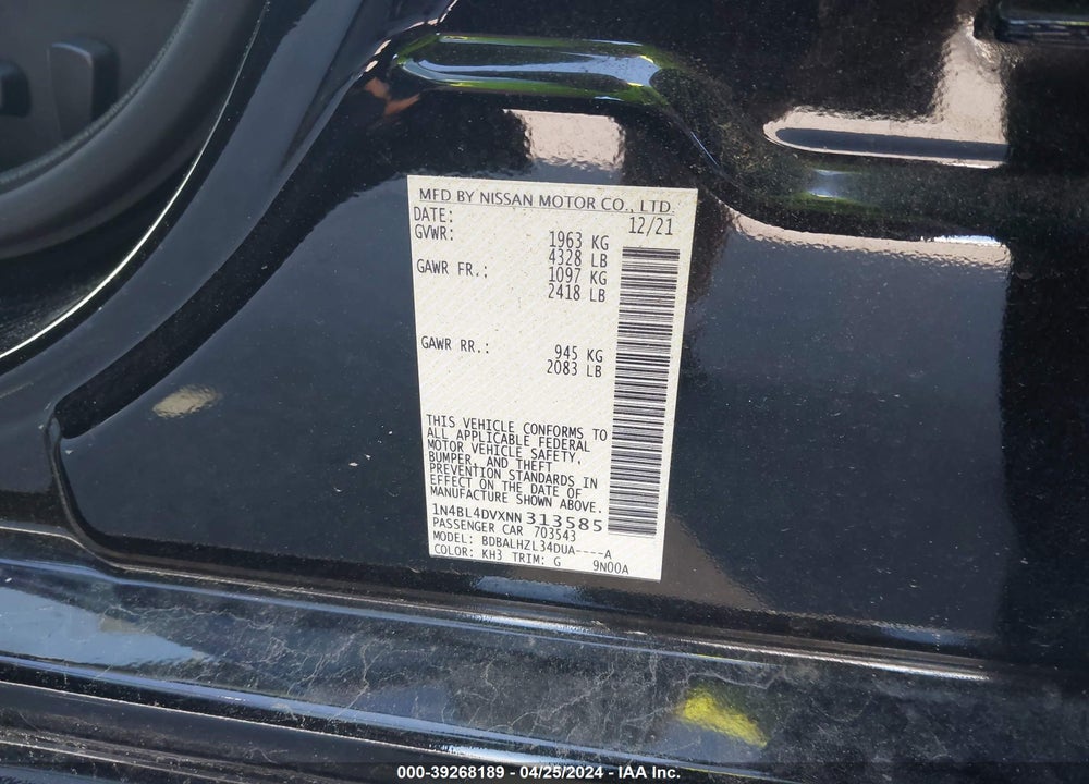 2022 NISSAN ALTIMA SV FWD VIN: 1N4BL4DVXNN313585