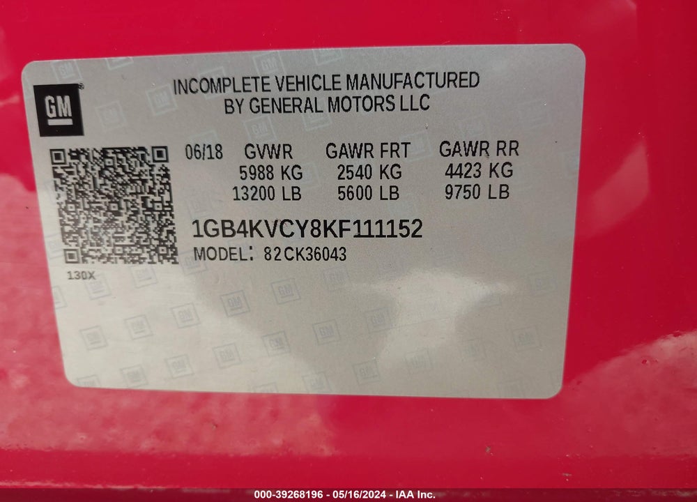 2019 CHEVROLET SILVERADO 3500HD CHASSIS WT VIN: 1GB4KVCY8KF111152