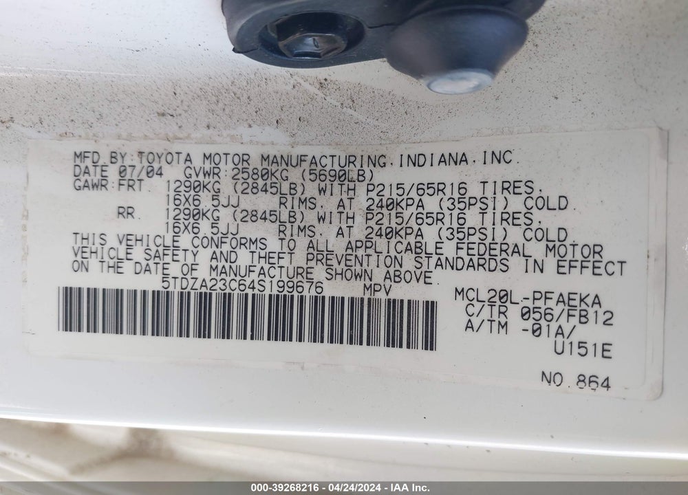 2004 TOYOTA SIENNA LE VIN: 5TDZA23C64S199676