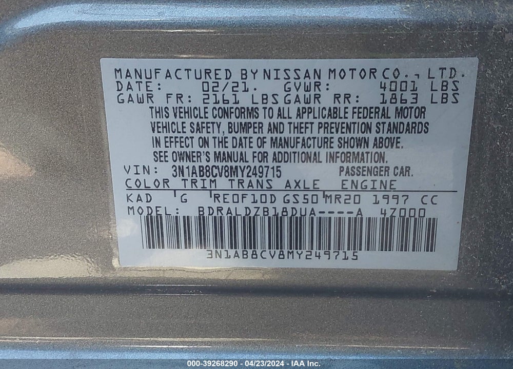 2021 NISSAN SENTRA SV XTRONIC CVT VIN: 3N1AB8CV8MY249715