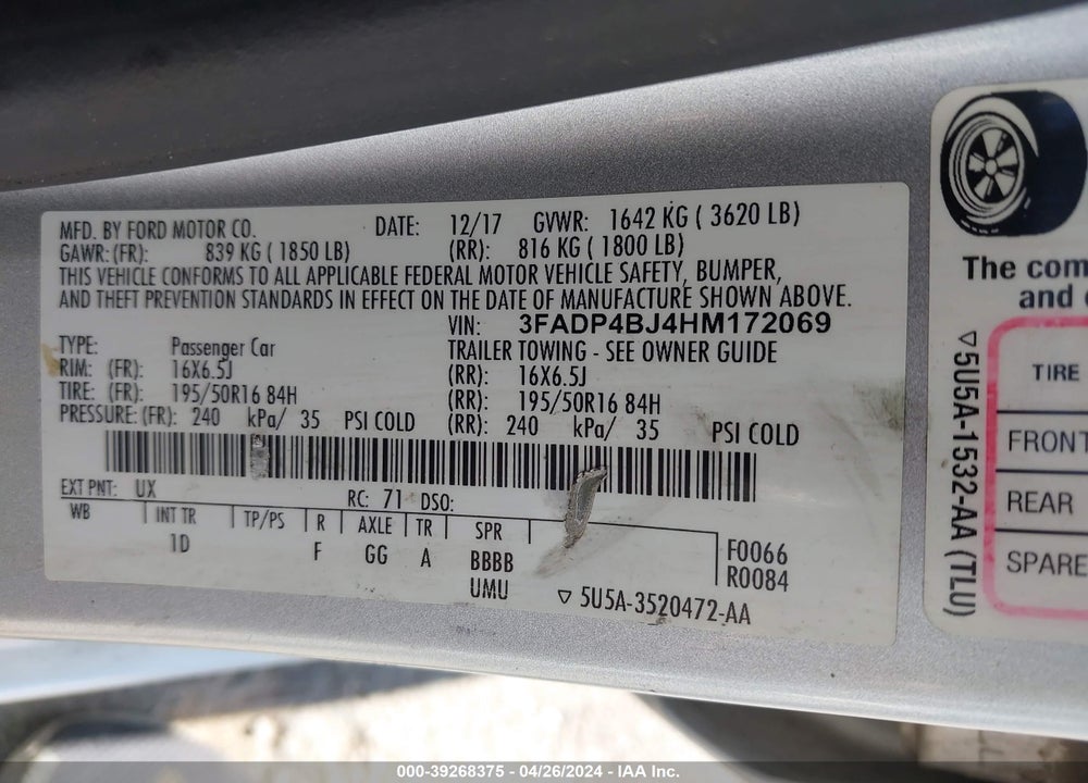 2017 FORD FIESTA SE VIN: 3FADP4BJ4HM172069