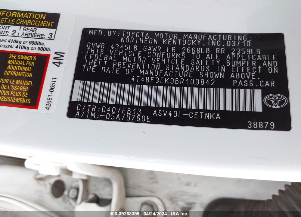 2011 TOYOTA CAMRY LE VIN: 4T4BF3EK9BR100842