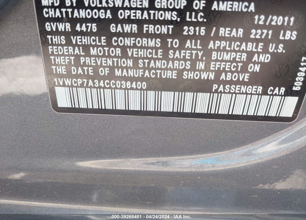 2012 VOLKSWAGEN PASSAT 2.5L SEL VIN: 1VWCP7A34CC036400