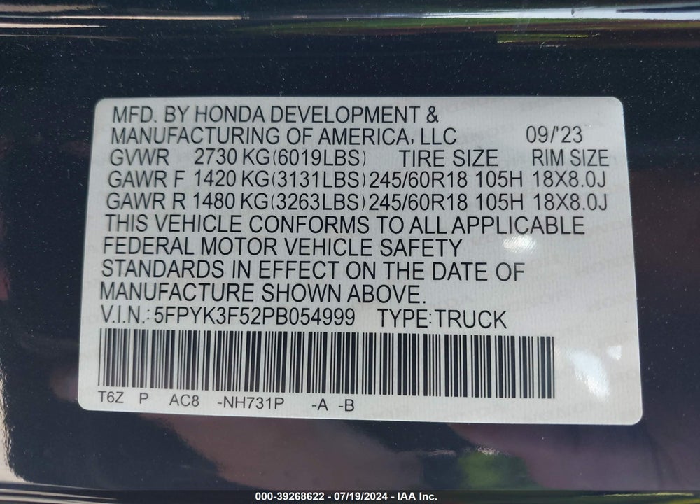 2023 HONDA RIDGELINE RTL VIN: 5FPYK3F52PB054999