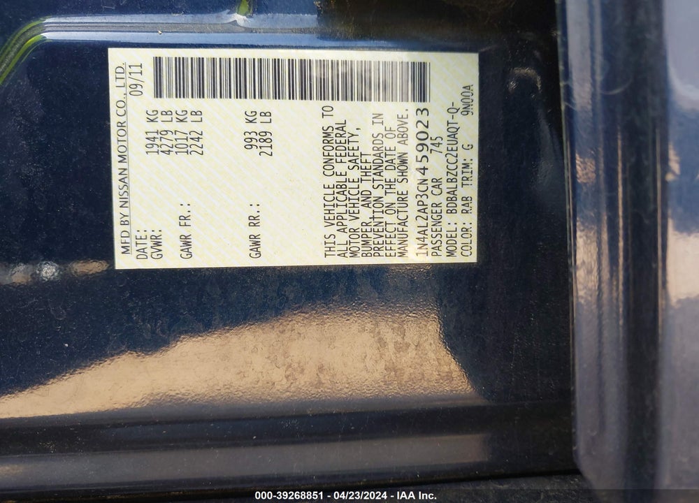 2012 NISSAN ALTIMA 2.5 S VIN: 1N4AL2AP3CN459023