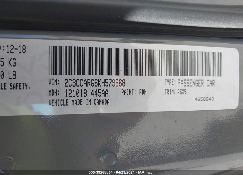 2019 CHRYSLER 300 TOURING L AWD VIN: 2C3CCARG6KH579668