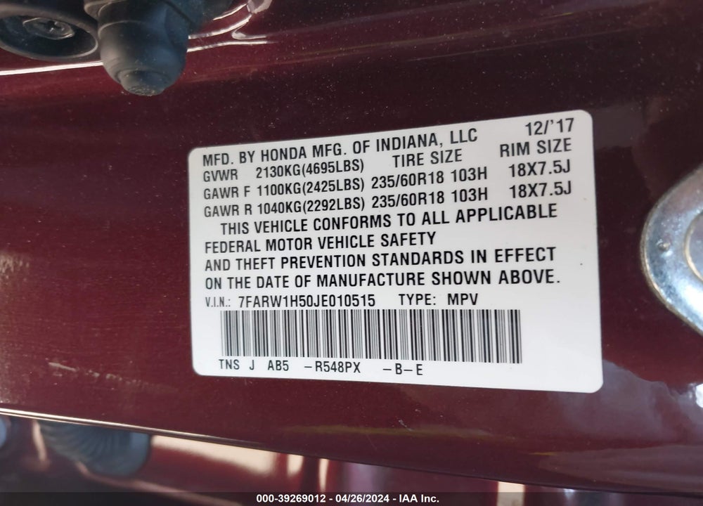 2018 HONDA CR-V EX VIN: 7FARW1H50JE010515