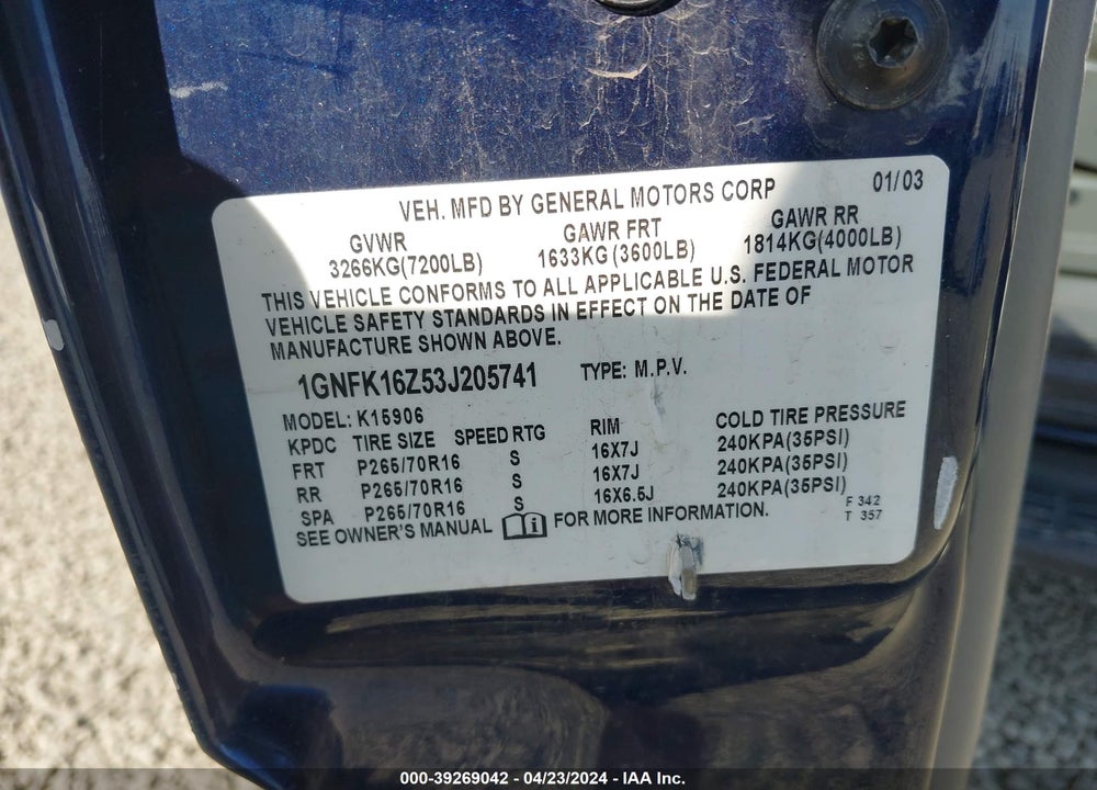 2003 CHEVROLET SUBURBAN 1500 LS VIN: 1GNFK16Z53J205741
