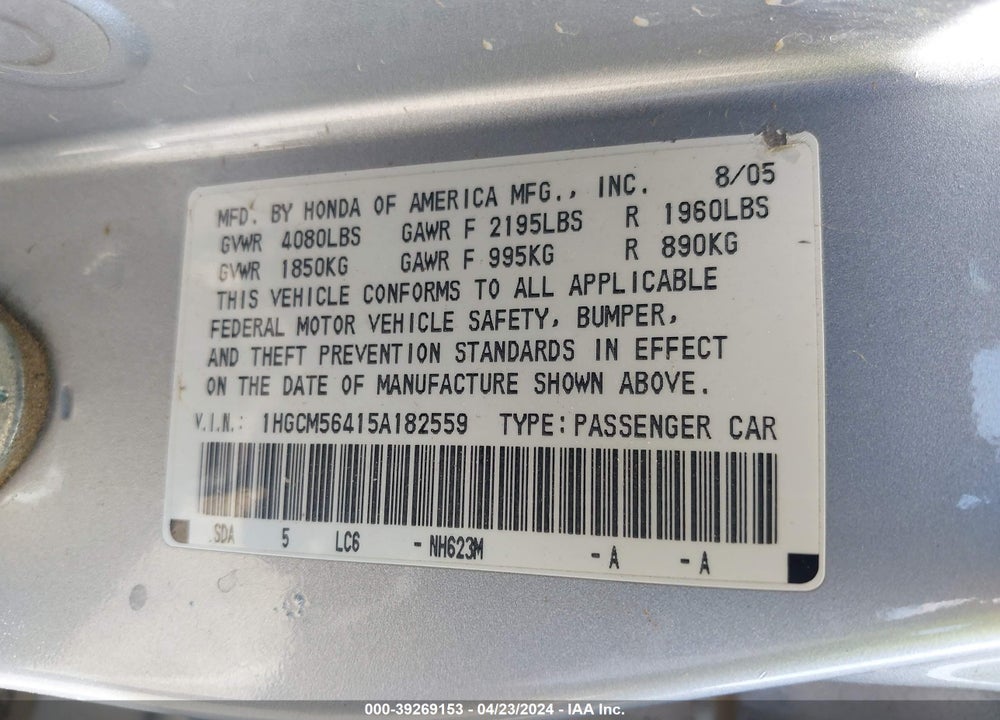 2005 HONDA ACCORD 2.4 LX VIN: 1HGCM56415A182559