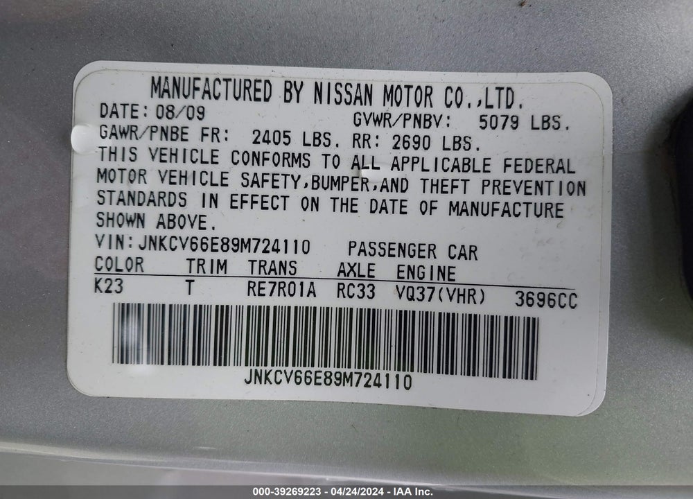 2009 INFINITI G37 VIN: JNKCV66E89M724110