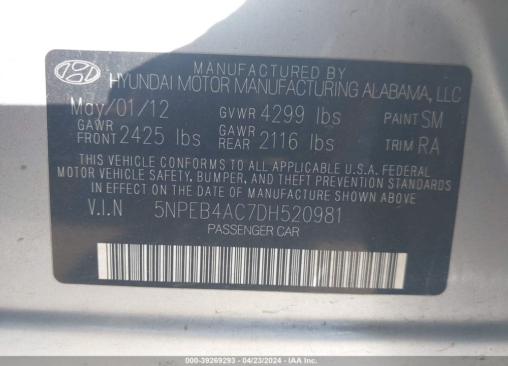 2013 HYUNDAI SONATA GLS VIN: 5NPEB4AC7DH520981