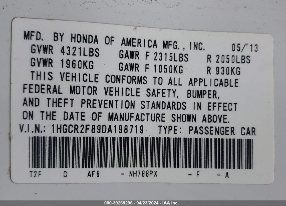 2013 HONDA ACCORD EX-L VIN: 1HGCR2F89DA198719