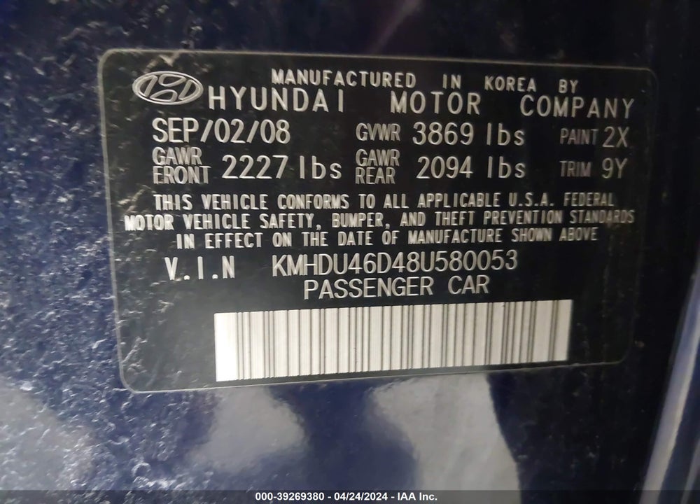 2008 HYUNDAI ELANTRA GLS/SE VIN: KMHDU46D48U580053
