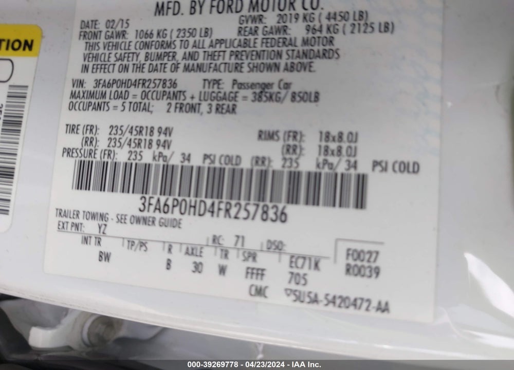 2015 FORD FUSION SE VIN: 3FA6P0HD4FR257836