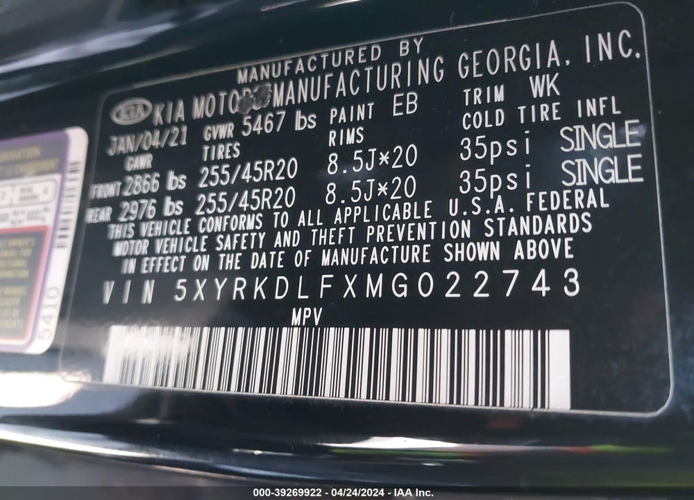 2021 KIA SORENTO SX PRESTIGE VIN: 5XYRKDLFXMG022743