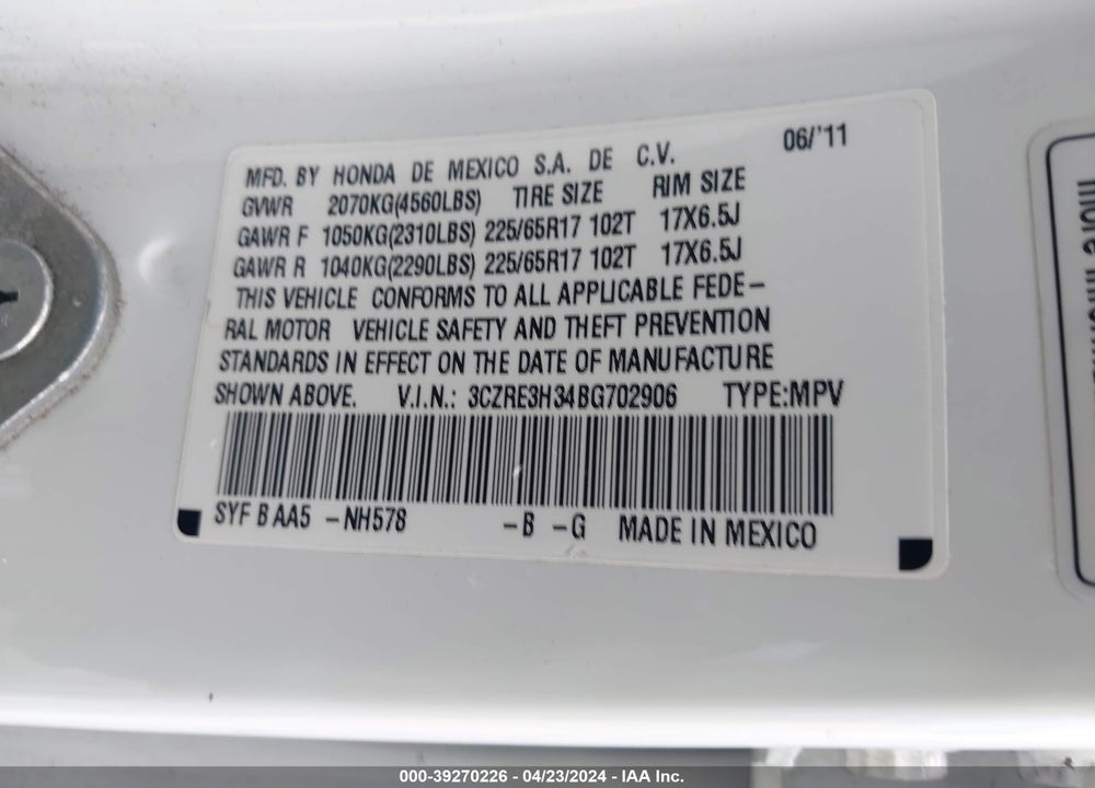 2011 HONDA CR-V LX VIN: 3CZRE3H34BG702906