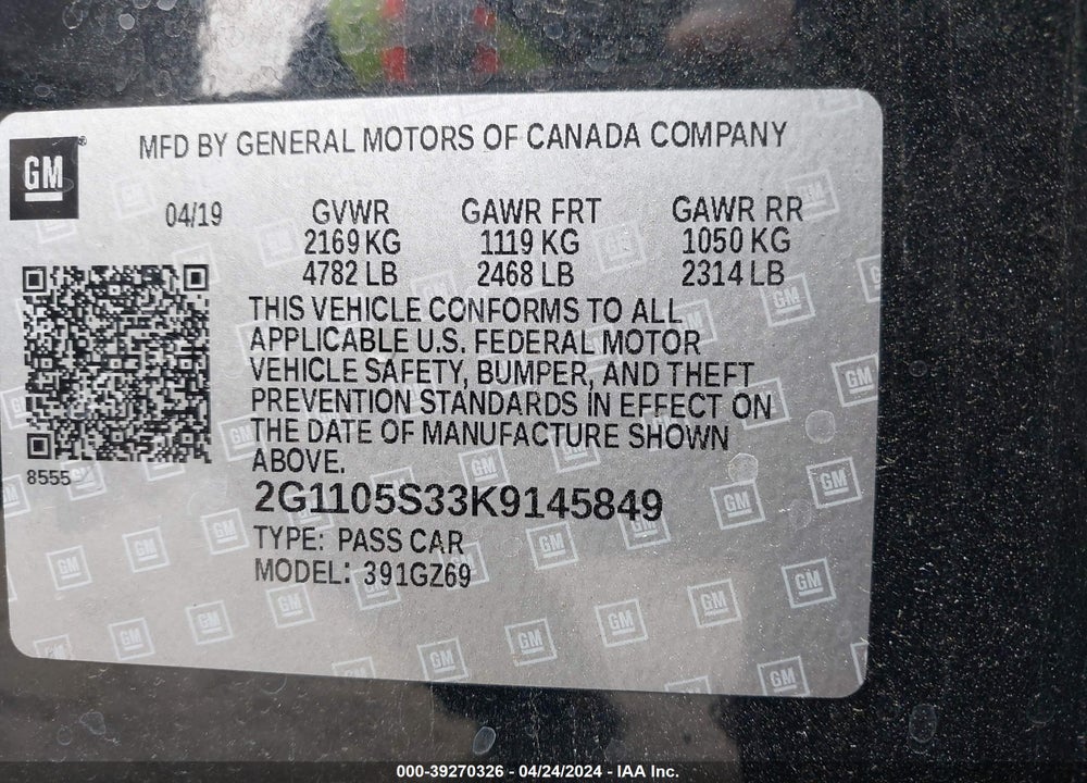 2019 CHEVROLET IMPALA PREMIER VIN: 2G1105S33K9145849