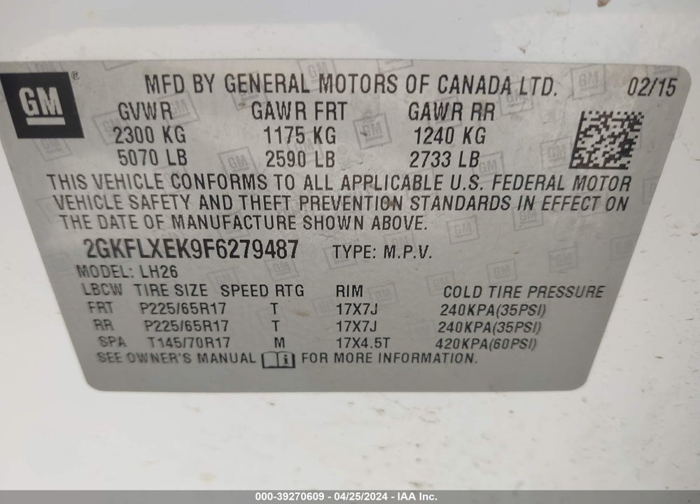 2015 GMC TERRAIN SLT-1 VIN: 2GKFLXEK9F6279487