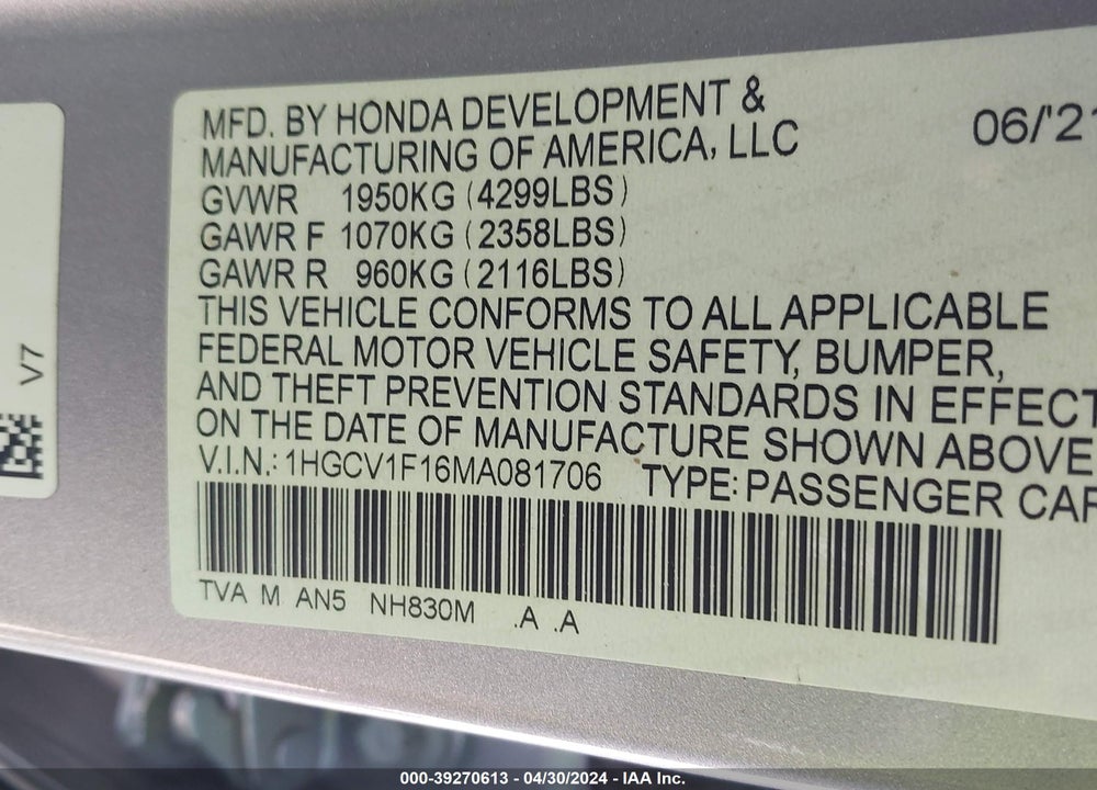 2021 HONDA ACCORD LX VIN: 1HGCV1F16MA081706