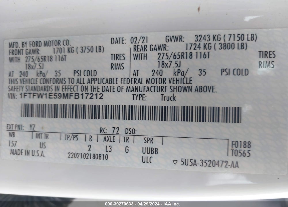 2021 FORD F-150 XLT VIN: 1FTFW1E59MFB17212