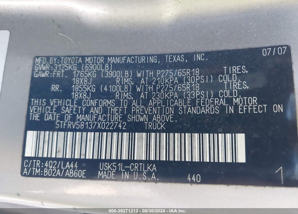 2007 TOYOTA TUNDRA LIMITED 5.7L V8 VIN: 5TFRV58137X022742