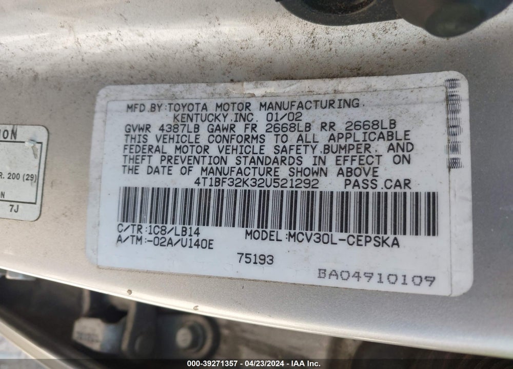 2002 TOYOTA CAMRY SE V6 VIN: 4T1BF32K32U521292