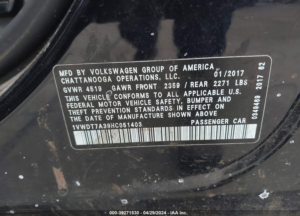 2017 VOLKSWAGEN PASSAT 1.8T R-LINE VIN: 1VWDT7A39HC051403
