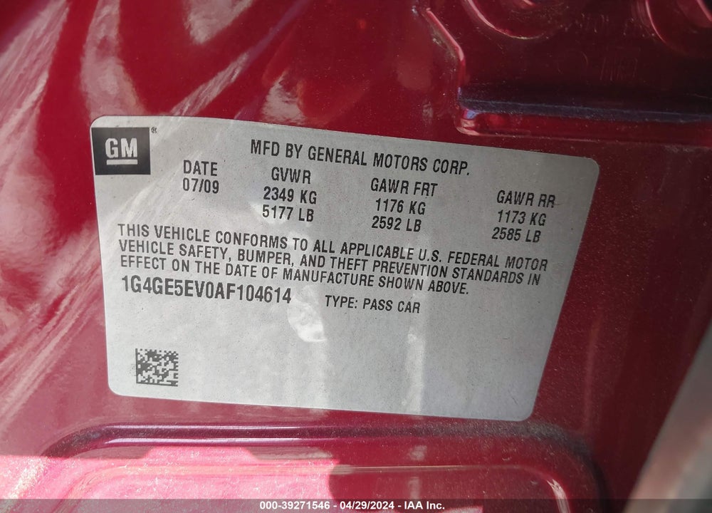 2010 BUICK LACROSSE VIN: 1G4GE5EV0AF104614