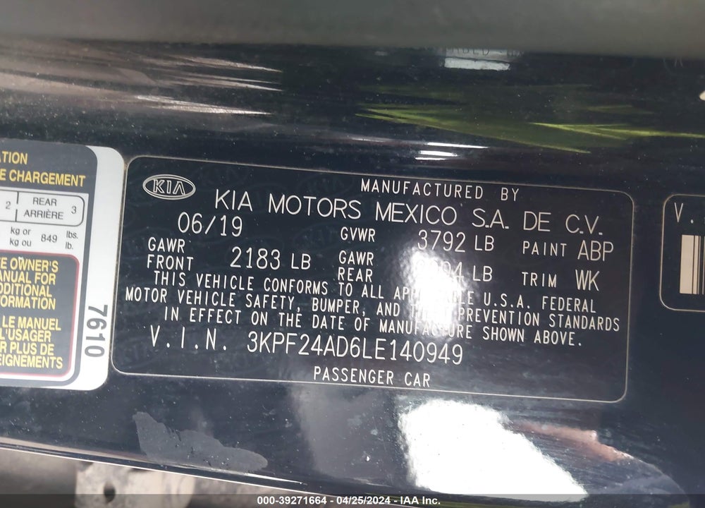 2020 KIA FORTE LXS VIN: 3KPF24AD6LE140949