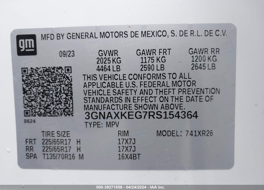 2024 CHEVROLET EQUINOX FWD LT VIN: 3GNAXKEG7RS154364