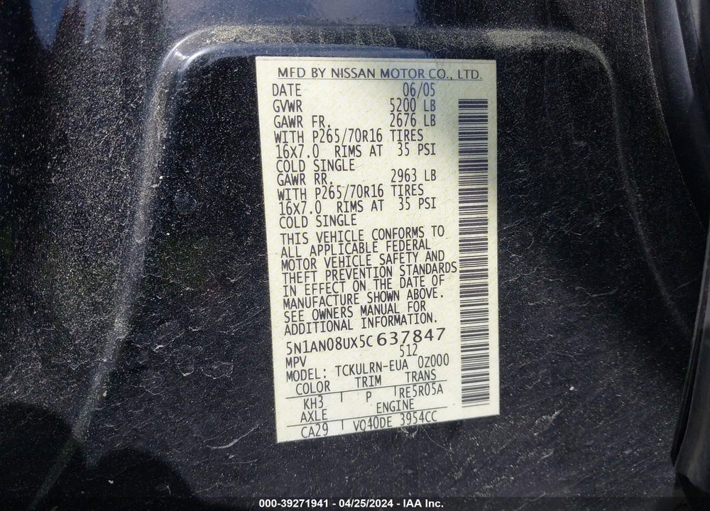 2005 NISSAN XTERRA S VIN: 5N1AN08UX5C637847