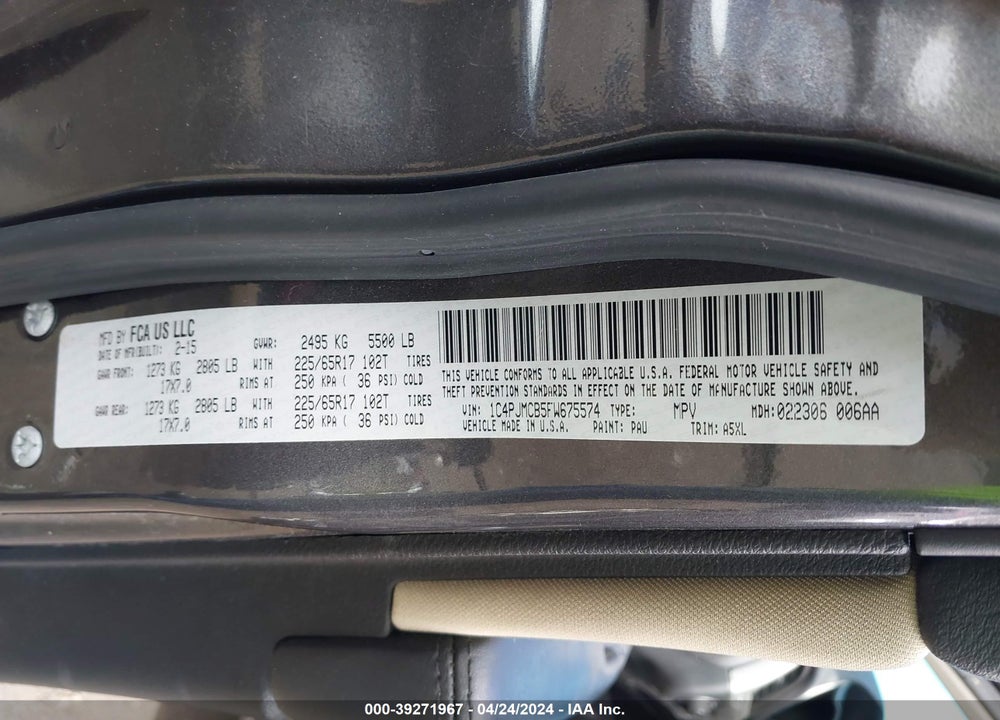2015 JEEP CHEROKEE LATITUDE VIN: 1C4PJMCB5FW675574