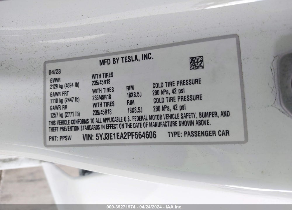 2023 TESLA MODEL 3 REAR-WHEEL DRIVE VIN: 5YJ3E1EA2PF564606