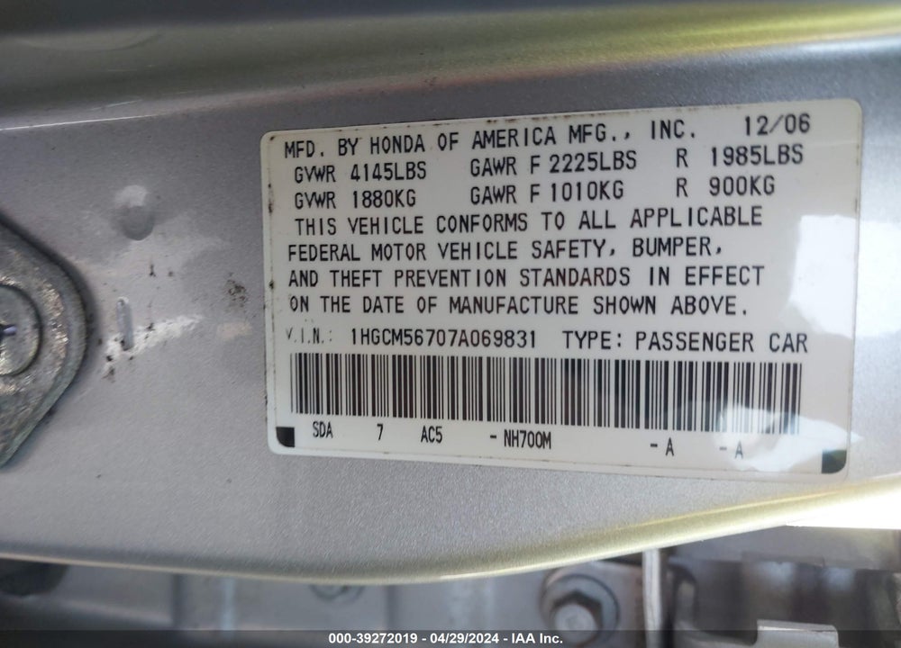 2007 HONDA ACCORD 2.4 EX VIN: 1HGCM56707A069831