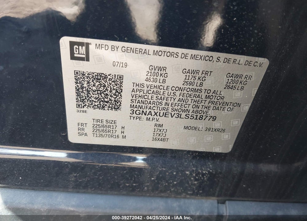 2020 CHEVROLET EQUINOX AWD LT 1.5L TURBO VIN: 3GNAXUEV3LS518779