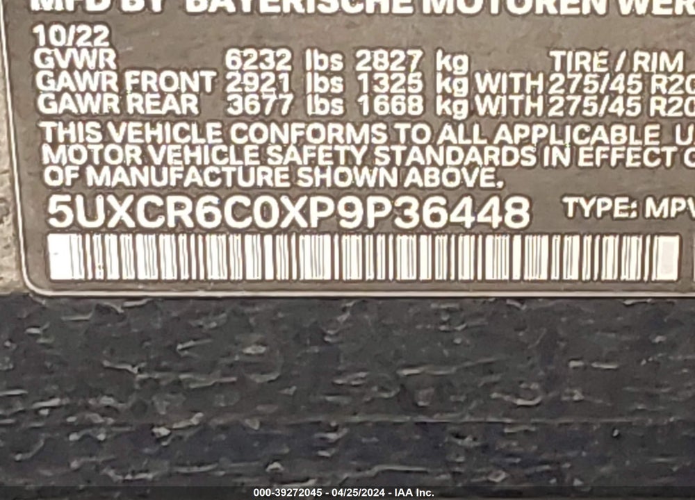 2023 BMW X5 XDRIVE40I VIN: 5UXCR6C0XP9P36448