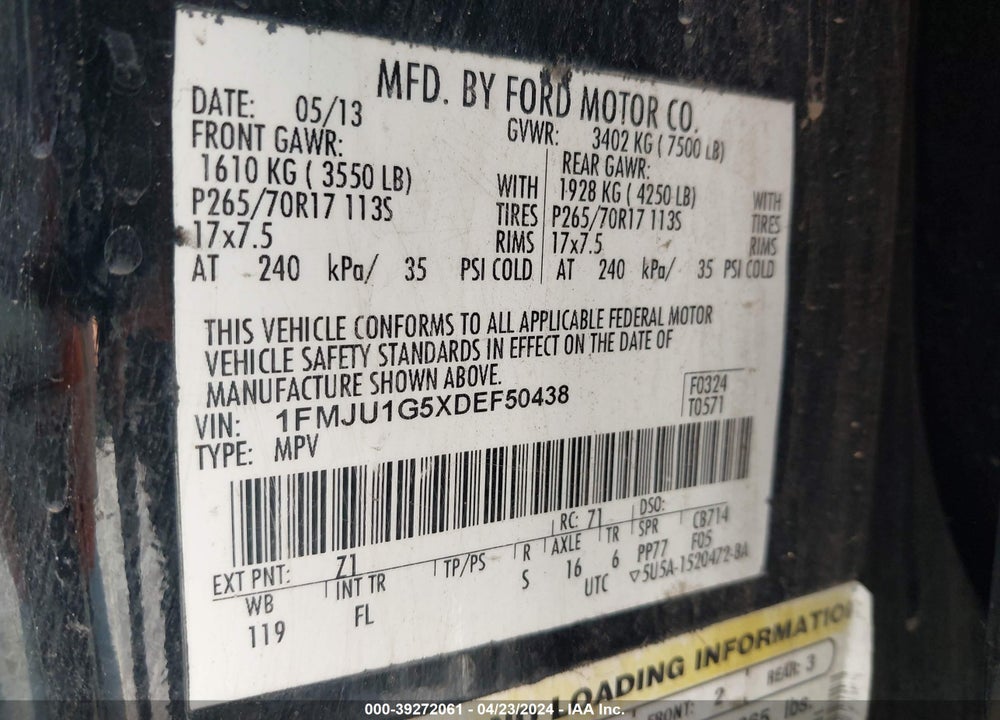 2013 FORD EXPEDITION XL VIN: 1FMJU1G5XDEF50438