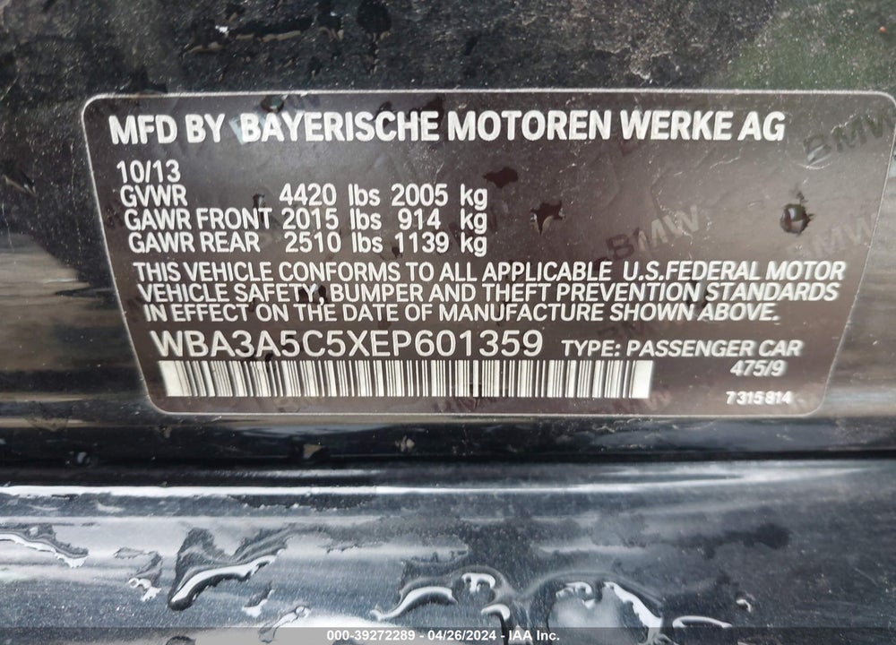 2014 BMW 328I VIN: WBA3A5C5XEP601359