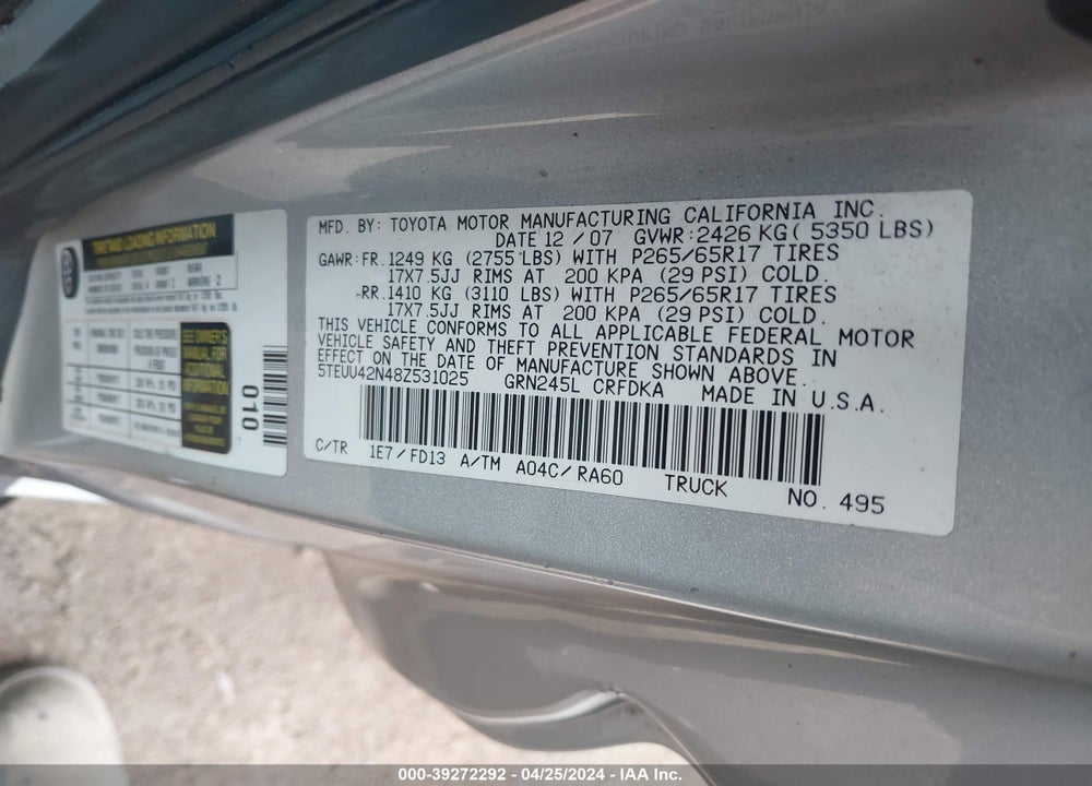 2008 TOYOTA TACOMA BASE V6 VIN: 5TEUU42N48Z531025