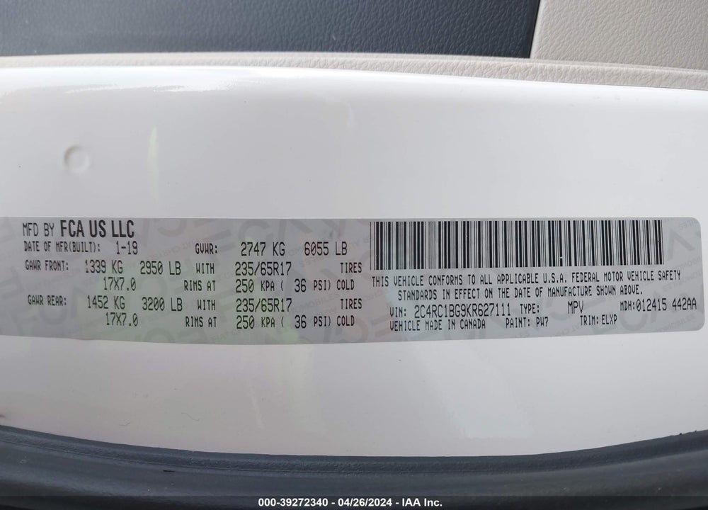 2019 CHRYSLER PACIFICA TOURING L VIN: 2C4RC1BG9KR627111