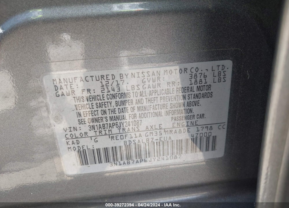 2018 NISSAN SENTRA S VIN: 3N1AB7AP6JY241087