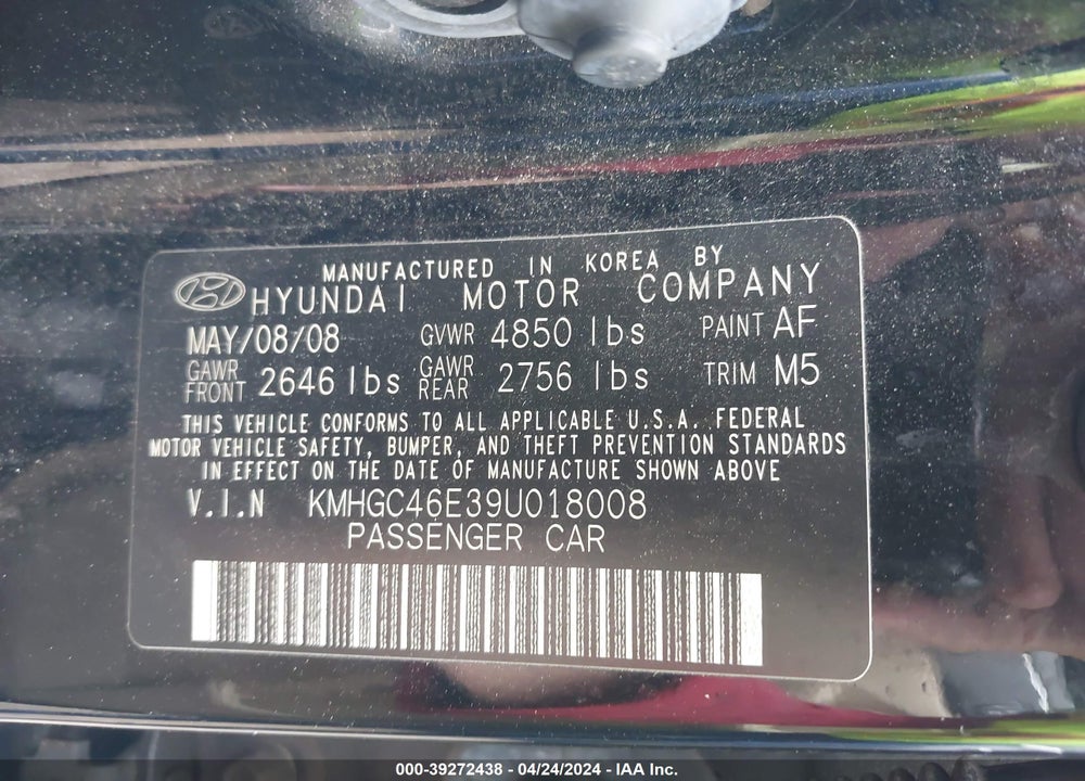 2009 HYUNDAI GENESIS 3.8 VIN: KMHGC46E39U018008