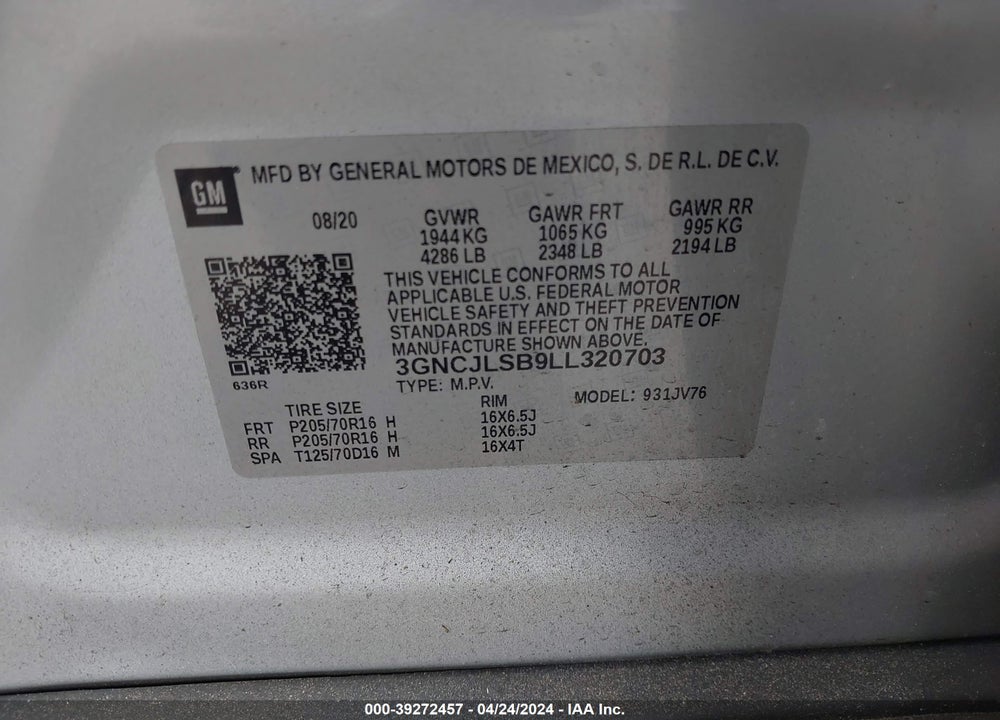 2020 CHEVROLET TRAX FWD LT VIN: 3GNCJLSB9LL320703