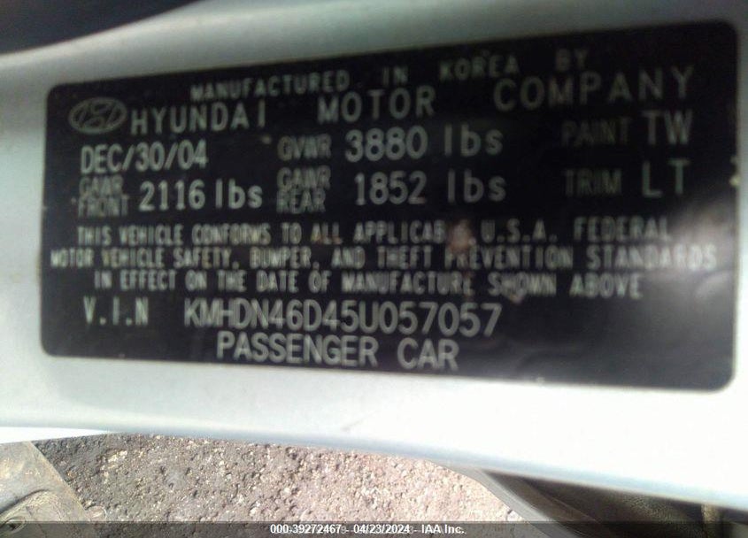 2005 HYUNDAI ELANTRA GLS/GT VIN: KMHDN46D45U057057