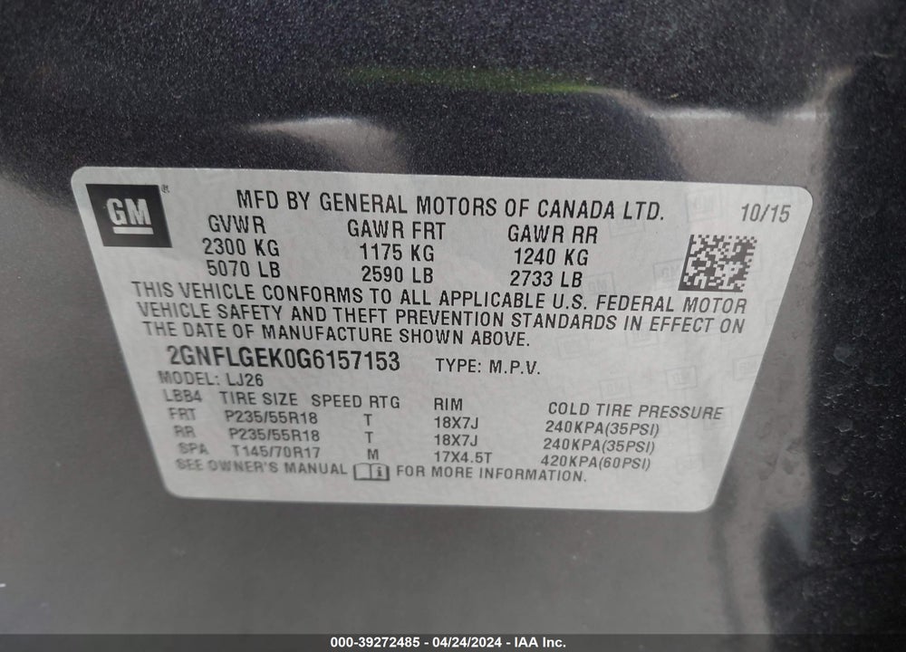 2016 CHEVROLET EQUINOX VIN: 2GNFLGEK0G6157153