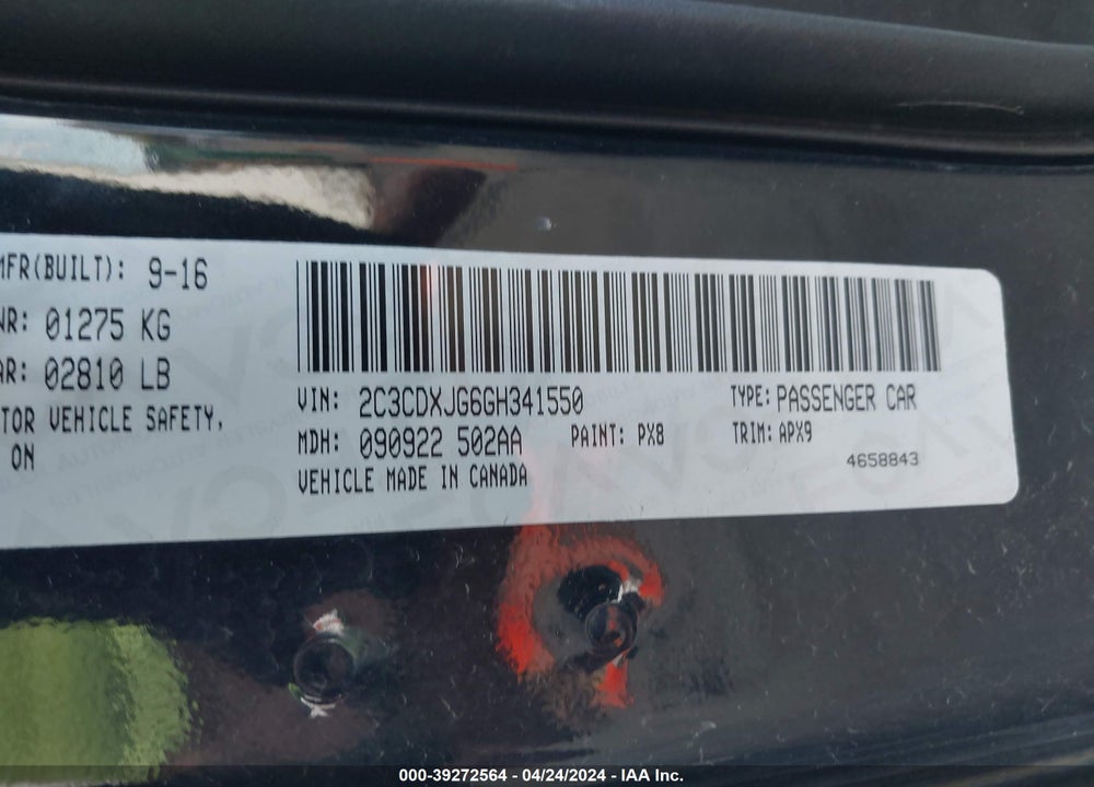 2016 DODGE CHARGER SXT VIN: 2C3CDXJG6GH341550