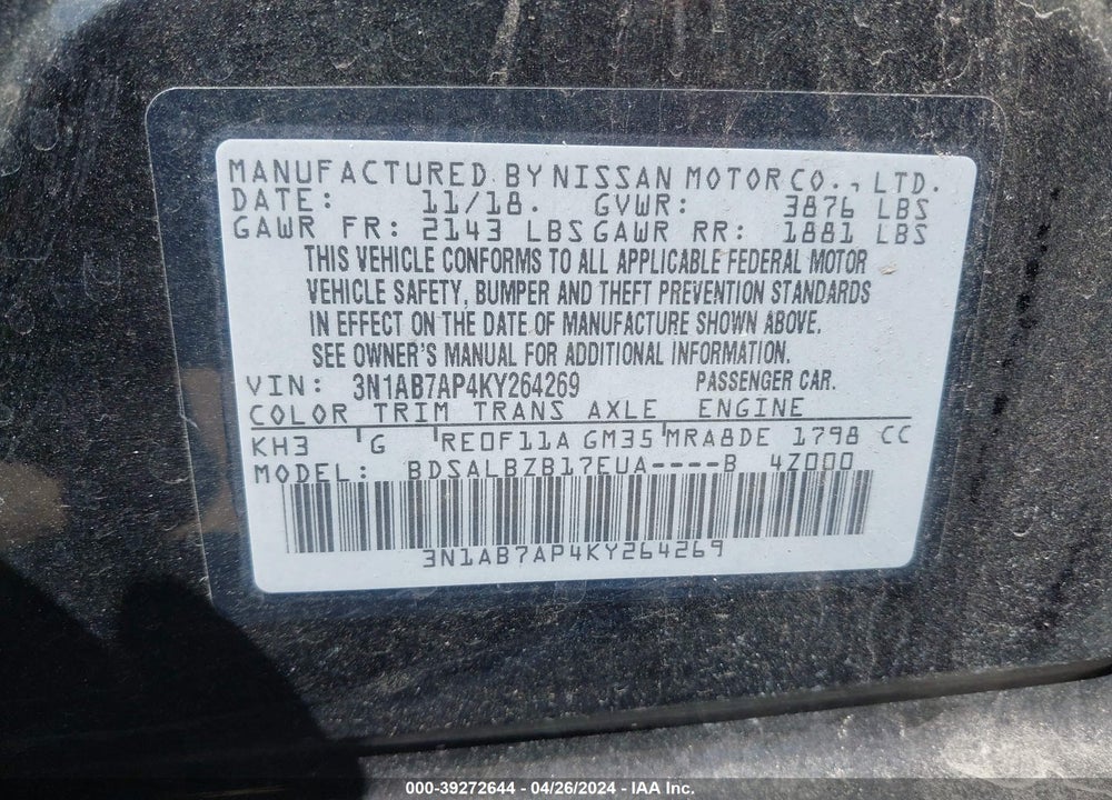 2019 NISSAN SENTRA VIN: 3N1AB7AP4KY264269