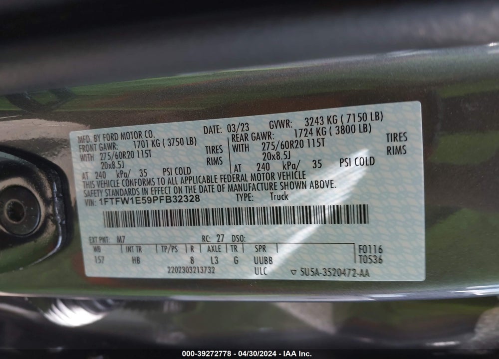 2023 FORD F-150 LARIAT VIN: 1FTFW1E59PFB32328