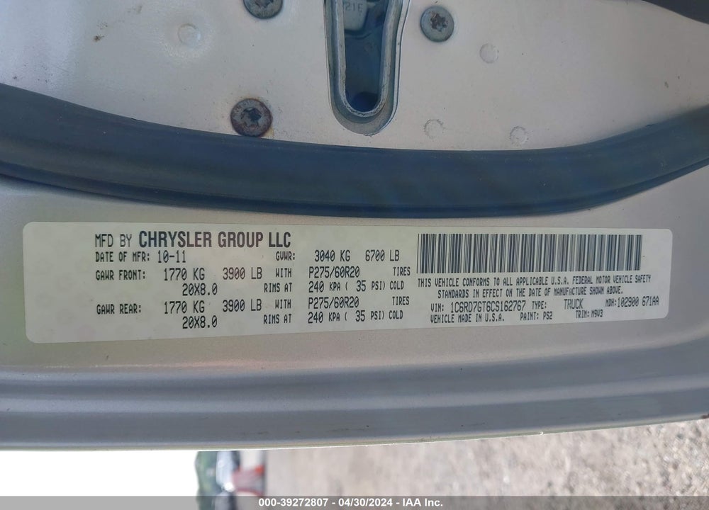 2012 RAM 1500 SLT VIN: 1C6RD7GT6CS162767