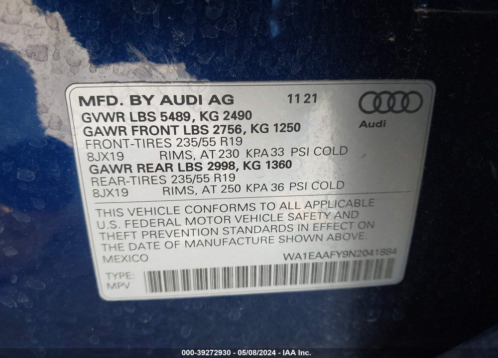 2022 AUDI Q5 VIN: WA1EAAFY9N2041884